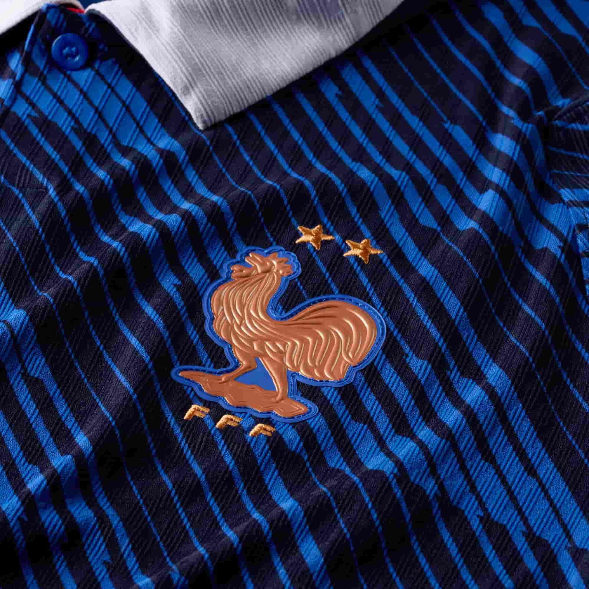 France 2026 Match Home Jersey crest close-up on blue fabric