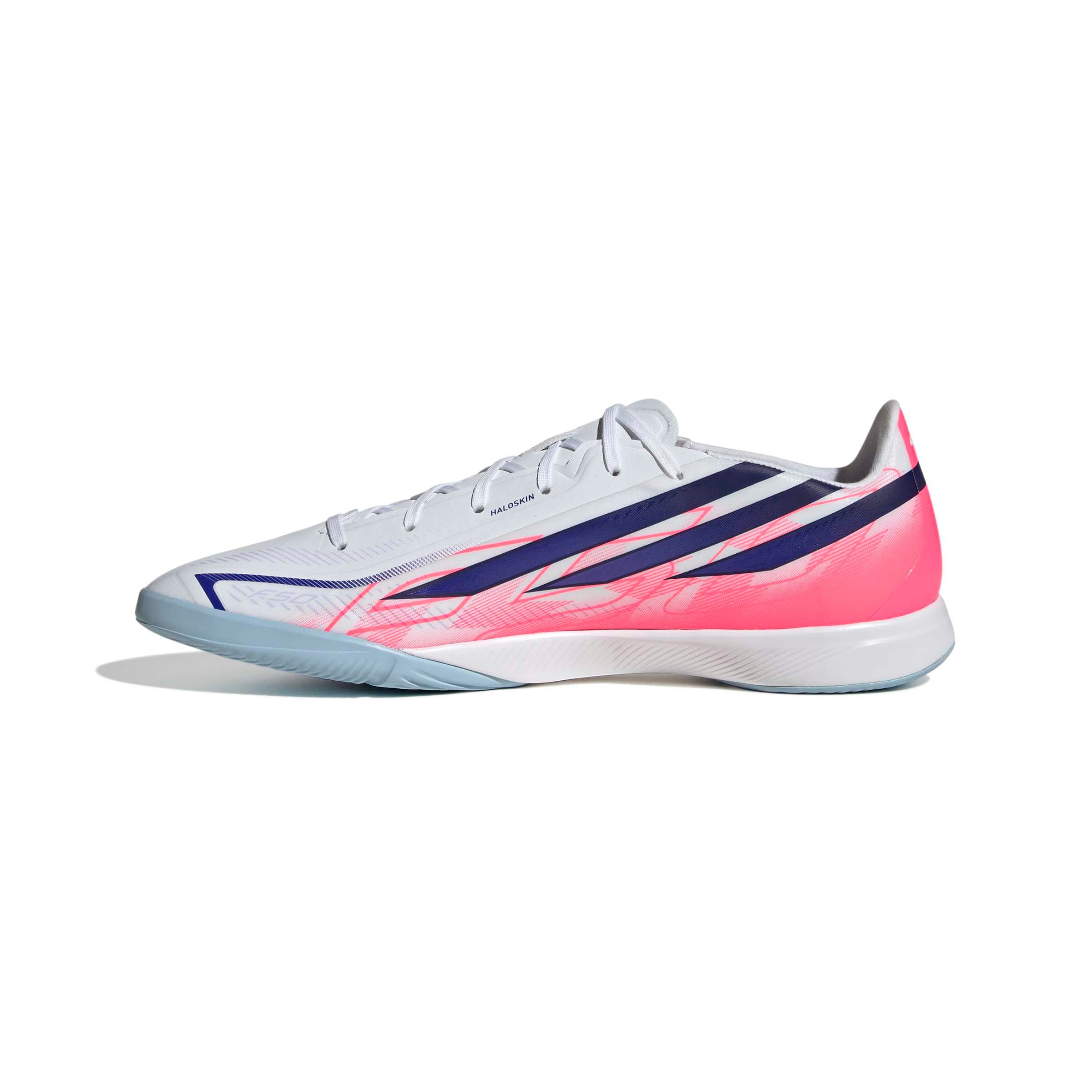 adidas F50 Hyperfast League IC indoor soccer cleat in silver, navy and pink with non-marking rubber outsole