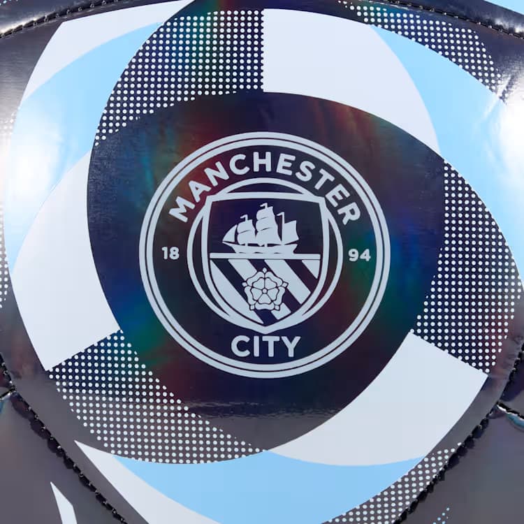 Close-up of Manchester City ftblCulture Soccer Ball featuring Manchester City crest