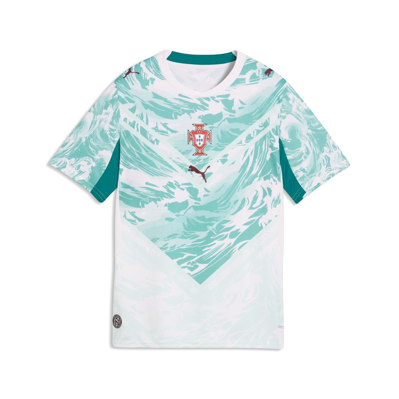 Portugal 2026 Away Jersey Youth front view in white and lagoon green with Portugal crest