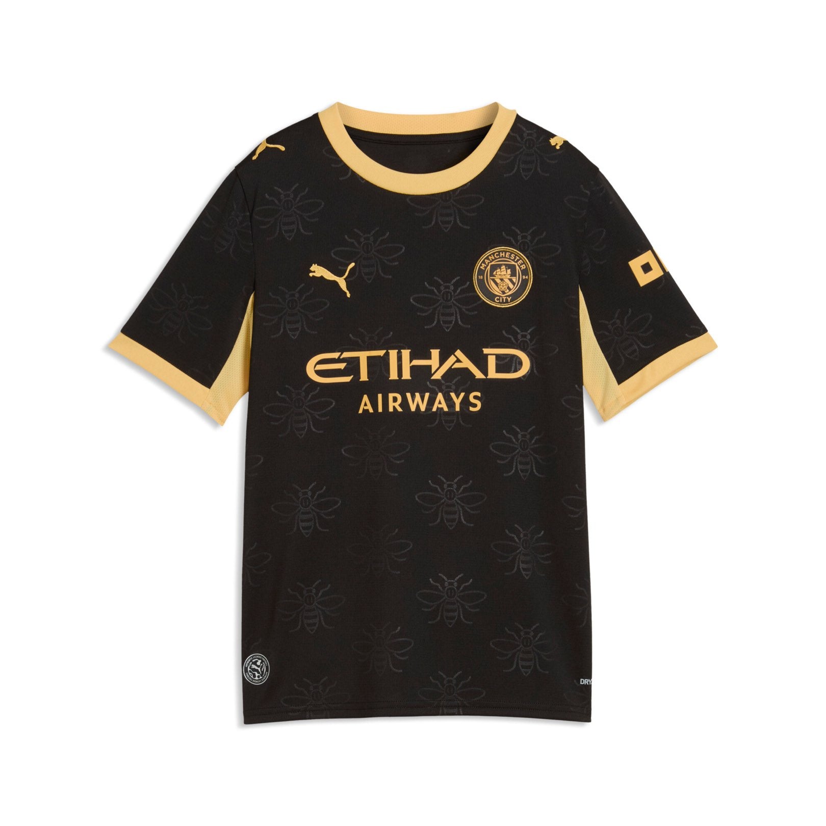 Manchester City Away Jersey Youth in black with gold PUMA and club details.