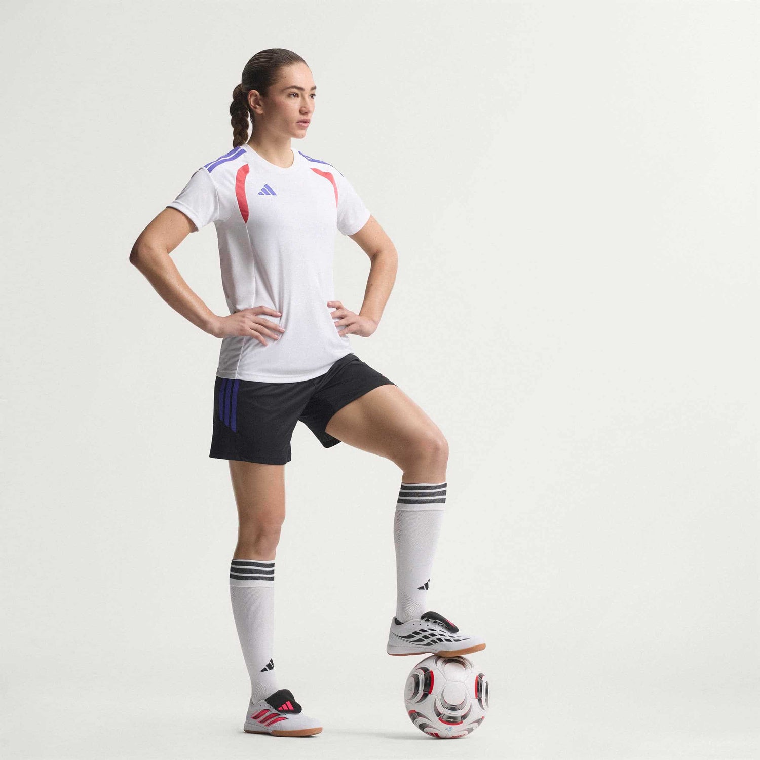 adidas Predator League Fold-Over Tongue IC indoor soccer cleats in white, pink and black with rubber court outsole
