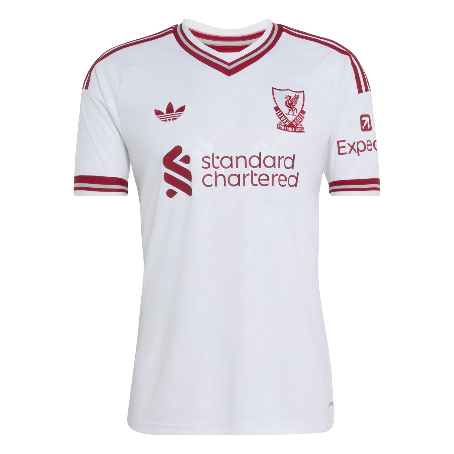 Liverpool FC 26/27 Away Jersey in white with red details, V-neck, club crest and adidas CLIMACOOL technology