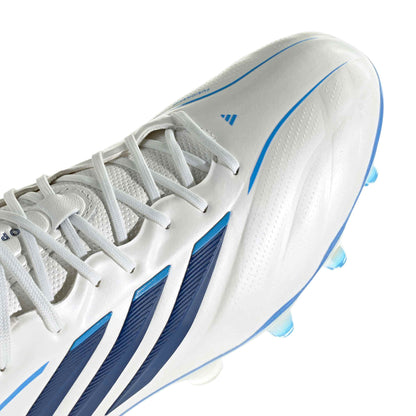 adidas Copa Pure IV Elite FG soccer cleat in white and blue with firm-ground outsole