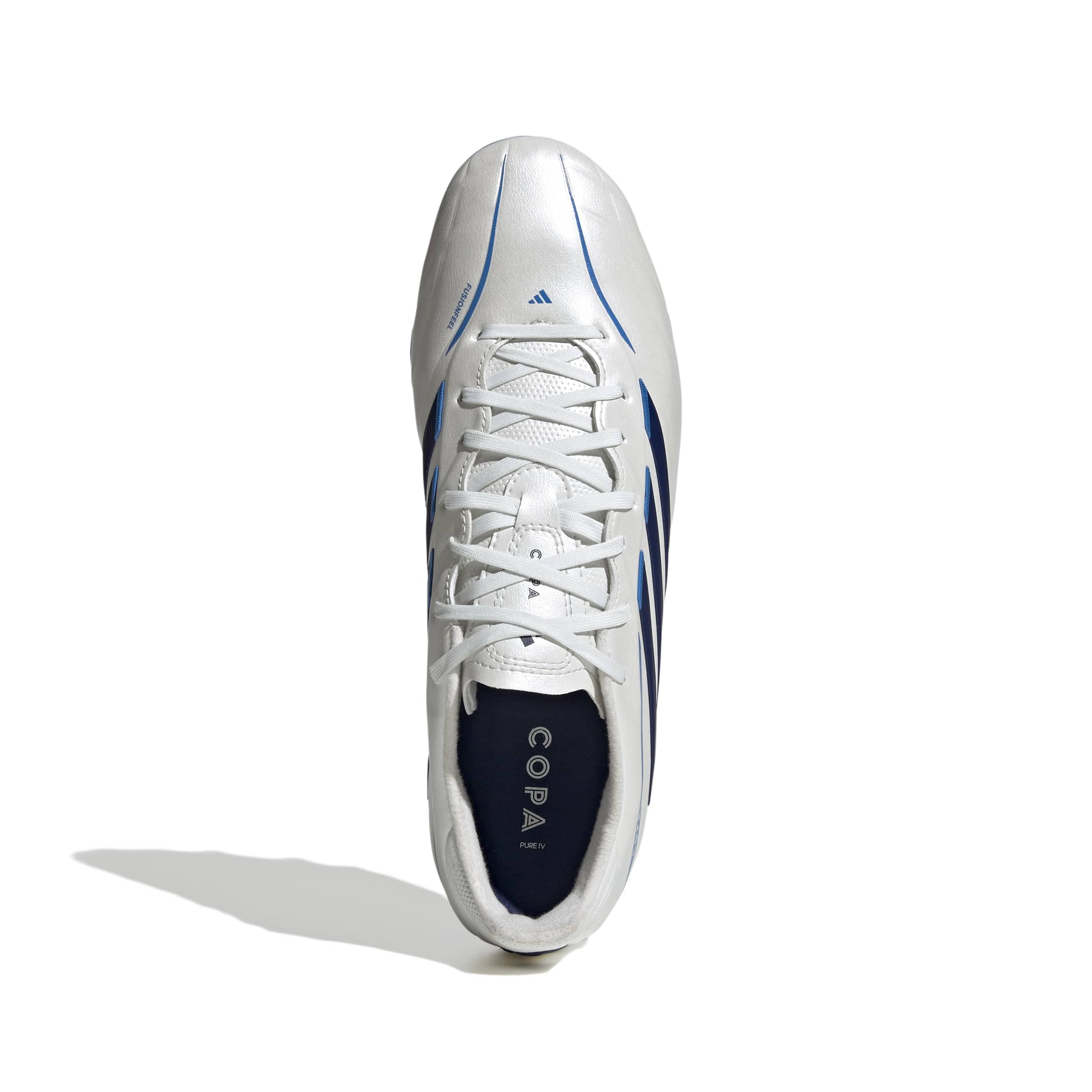 adidas Copa Pure IV League FG soccer cleats in white, blue and silver with firm-ground outsole