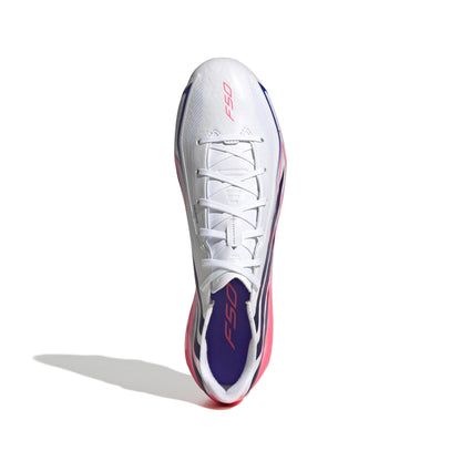 adidas F50 Hyperfast League FG soccer cleats in white, pink and navy with firm-ground outsole