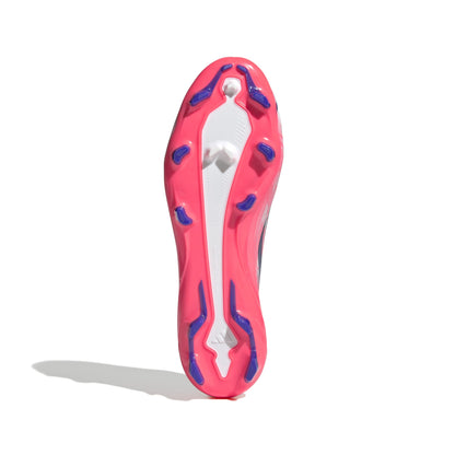 adidas F50 Hyperfast League Laceless FG soccer cleats in silver, navy and pink with firm-ground outsole