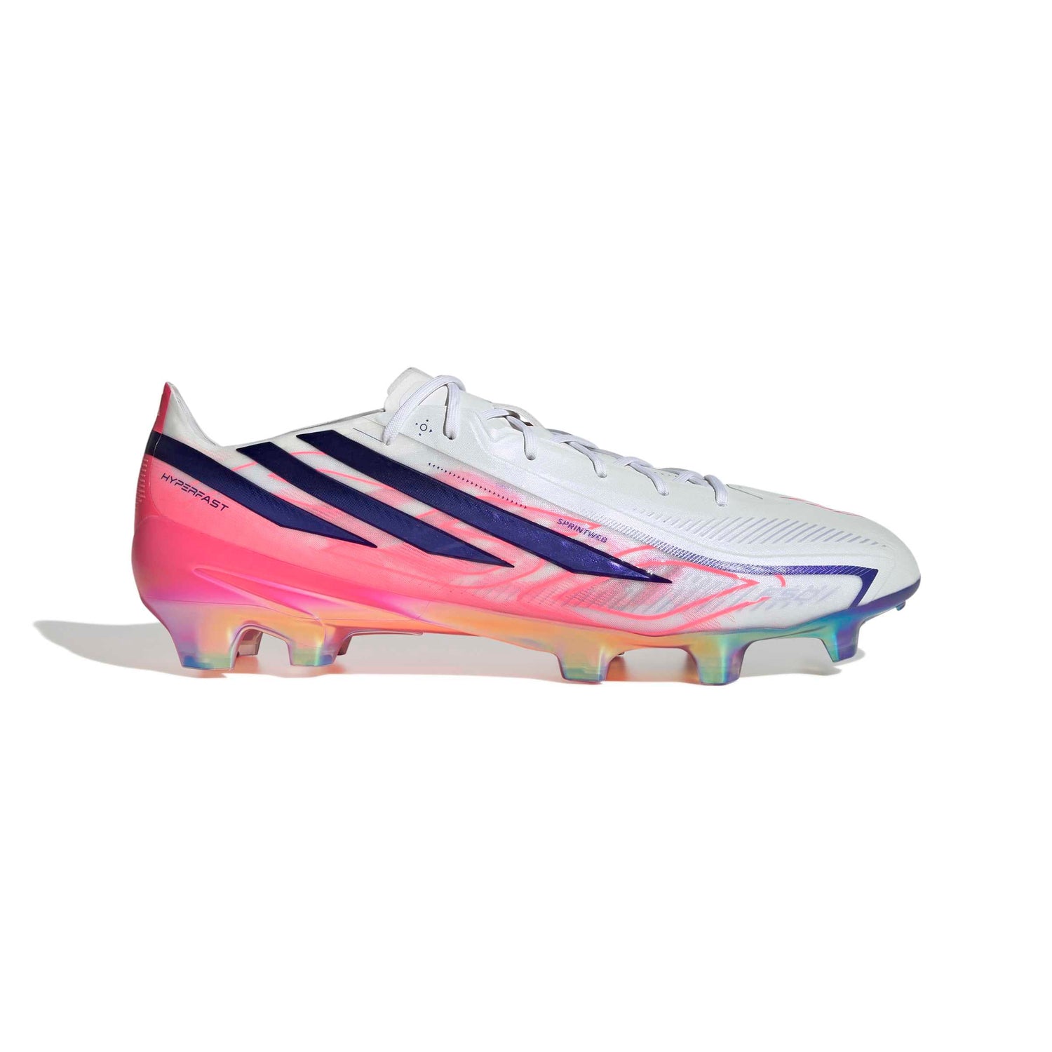 adidas F50 Hyperfast Elite FG soccer cleat in silver, navy and pink with firm-ground outsole