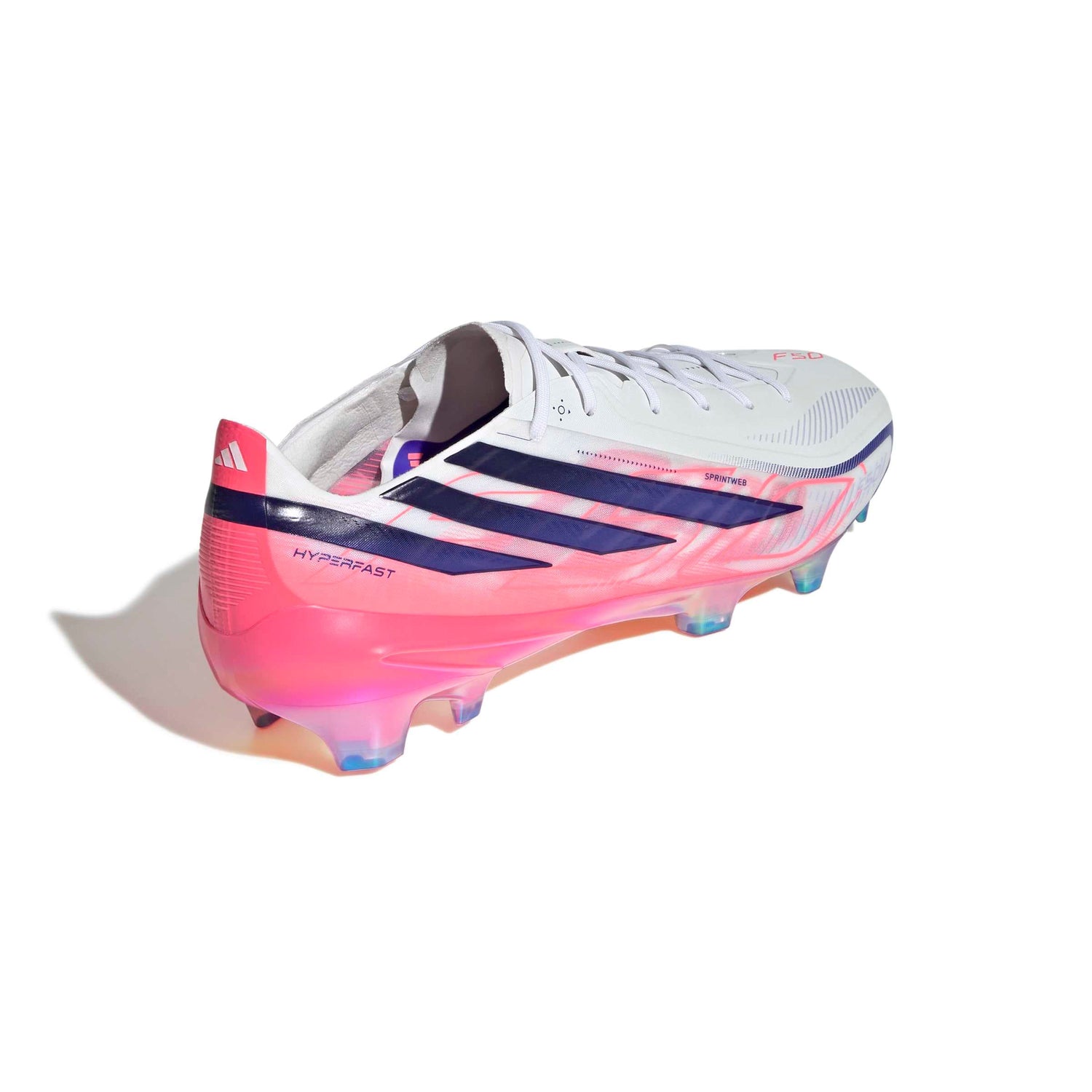adidas F50 Hyperfast Elite FG soccer cleat in silver, navy and pink with firm-ground outsole