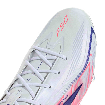 adidas F50 Hyperfast Elite FG soccer cleat in silver, navy and pink with firm-ground outsole