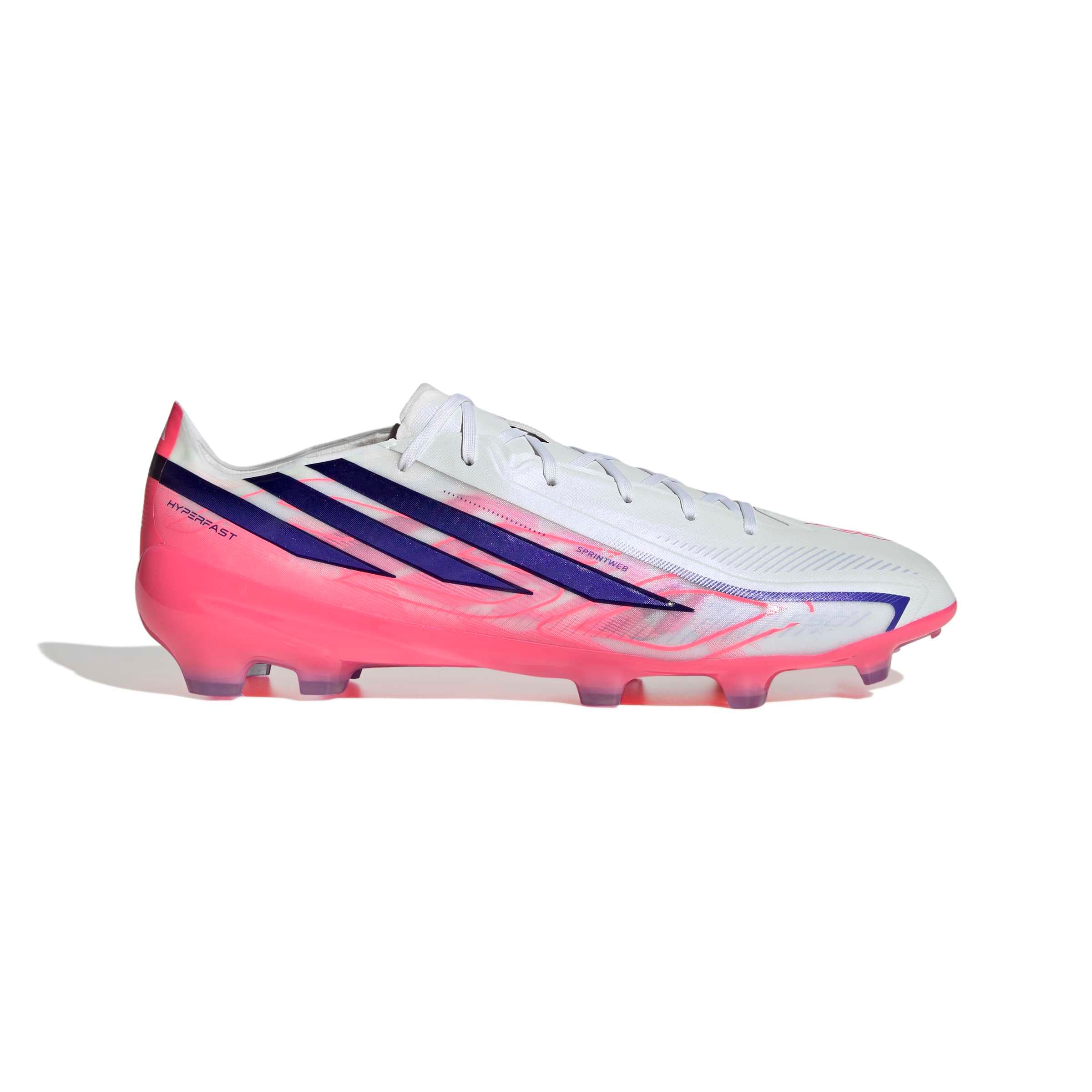 adidas F50 Hyperfast Pro FG soccer cleats in white, pink and navy with firm-ground outsole