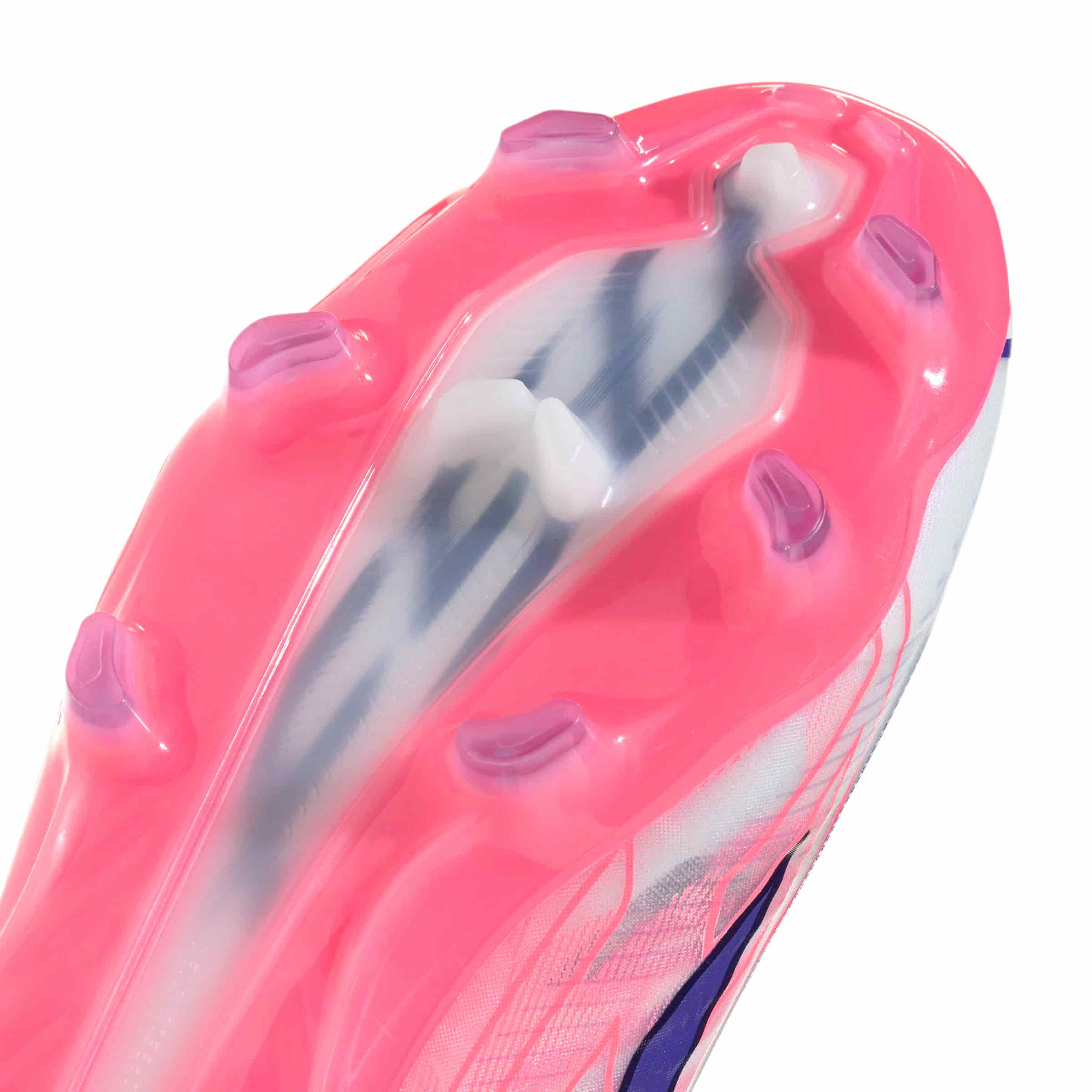 adidas F50 Hyperfast Pro FG soccer cleats in white, pink and navy with firm-ground outsole
