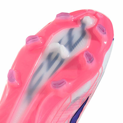 adidas F50 Hyperfast Pro FG soccer cleats in white, pink and navy with firm-ground outsole