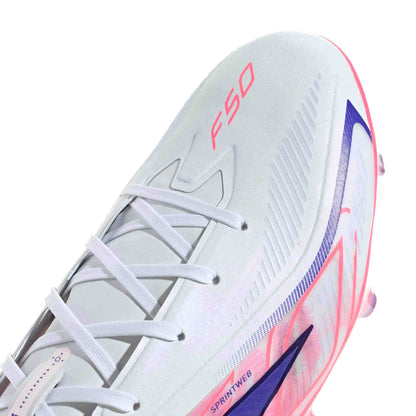 adidas F50 Hyperfast Pro FG soccer cleats in white, pink and navy with firm-ground outsole