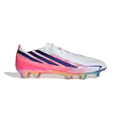 adidas F50 Hyperfast Elite FG soccer cleat in silver, navy and pink with firm-ground outsole